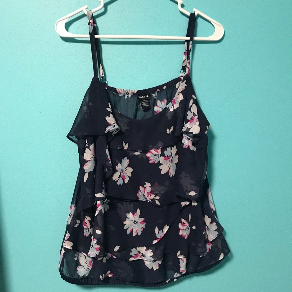 Torrid Blue & Pink Floral SheerTiered Ruffle Cami Size 2